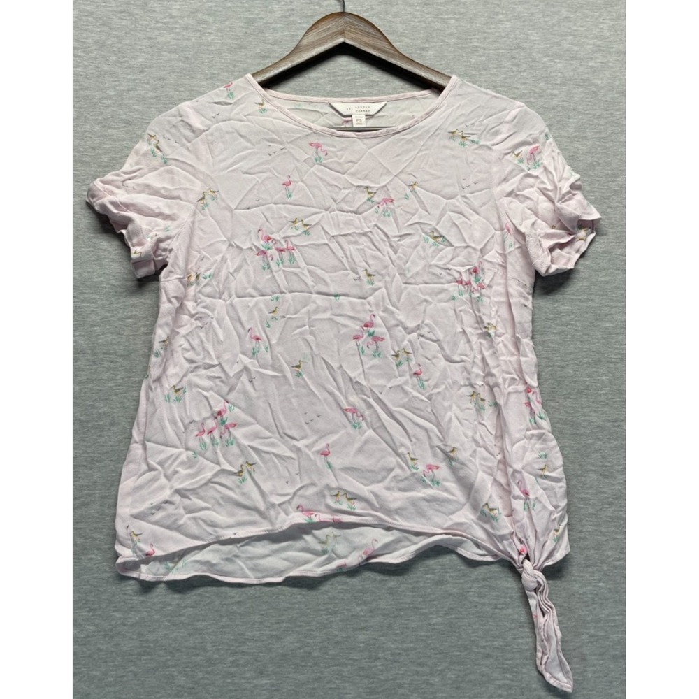 LC Lauren Conrad Blouse Top Women PS Small Pink Flamingo Bird Print Tie Knot Hem